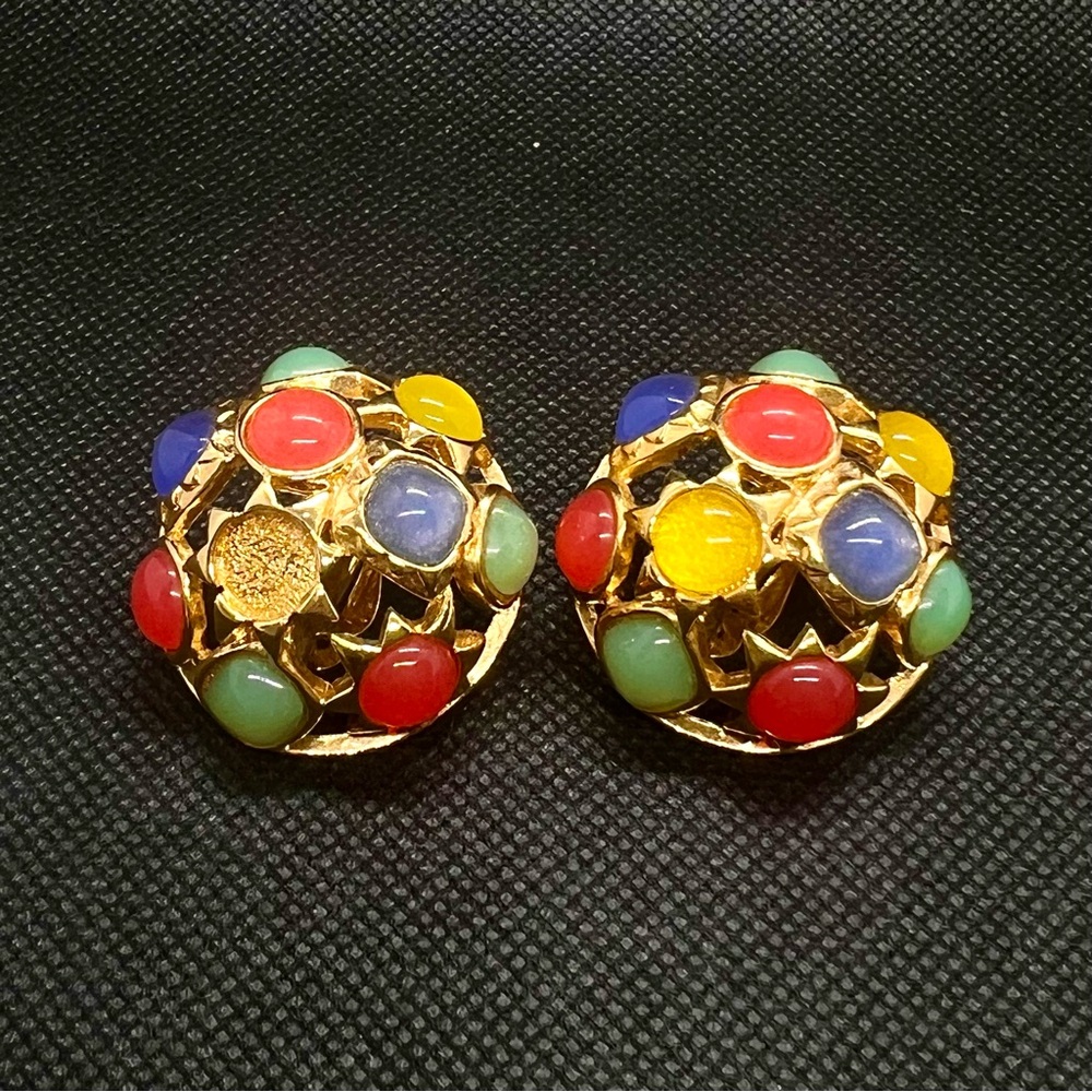 Vtg Trifari Multicolor Cabochon Lucite‎ Stones Arch Shape Clip On Earrings 3.5”